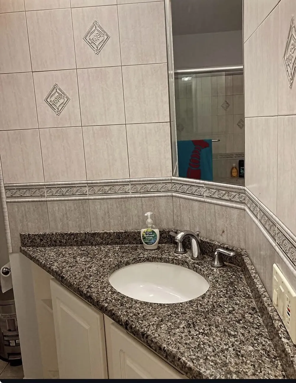 Granite topped vanity with basin and patterned wall tile